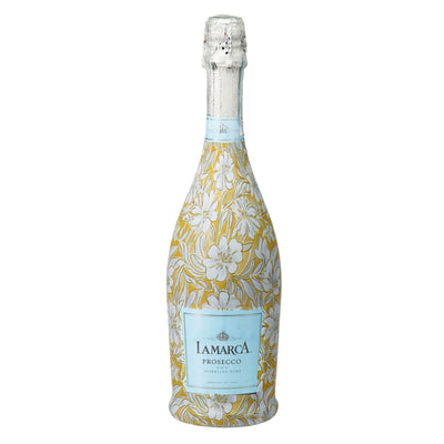 Grandmillennial Gold Flower Prosecco Bottle Wrap bottle wrap on a La Marca prosecco bottle