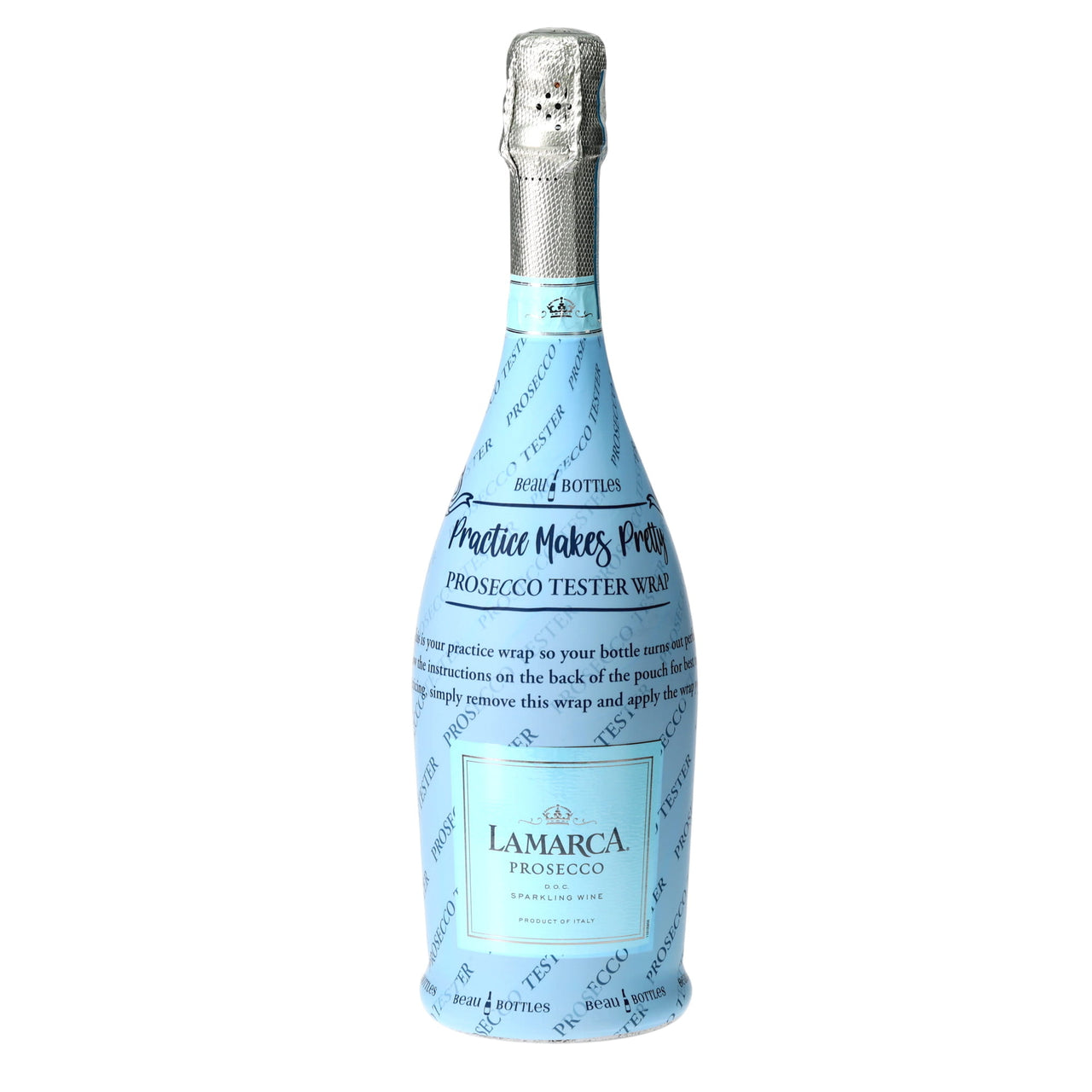 Practice Bottle Wrap - Prosecco Tester bottle wrap on a La Marca prosecco bottle