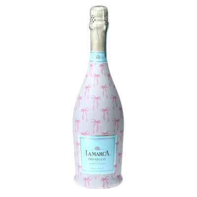 Grandmillennial Pink Bows Prosecco Bottle Wrap bottle wrap on a La Marca prosecco bottle