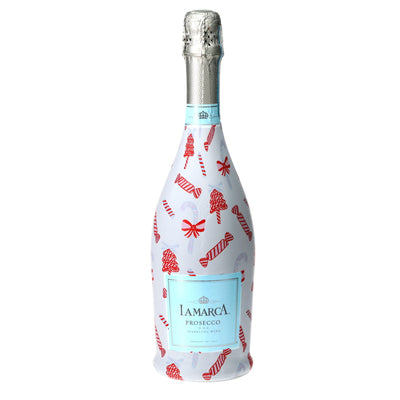 Limited Edition Luxe Candy Cane Prosecco Bottle Wrap bottle wrap on a La Marca prosecco bottle