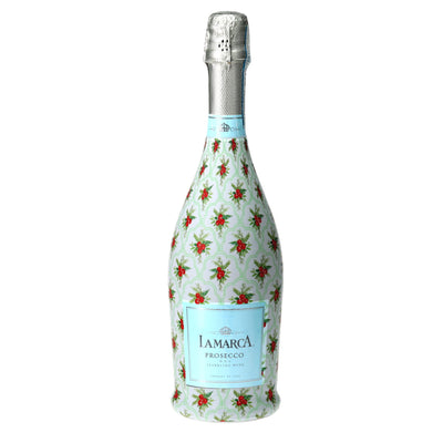 Limited Edition Scalloped Christmas Berries Prosecco Bottle Wrap bottle wrap on a La Marca prosecco bottle