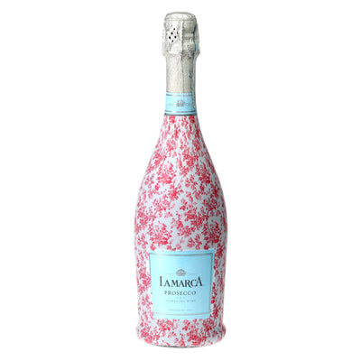 Grandmillennial Pink Floral Prosecco Bottle Wrap bottle wrap on a La Marca prosecco bottle