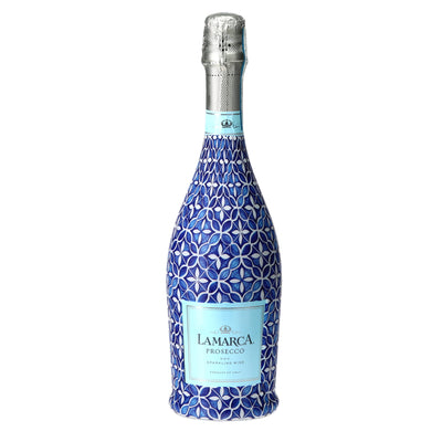 Andalusian Tile Prosecco Bottle Wrap bottle wrap on a La Marca prosecco bottle