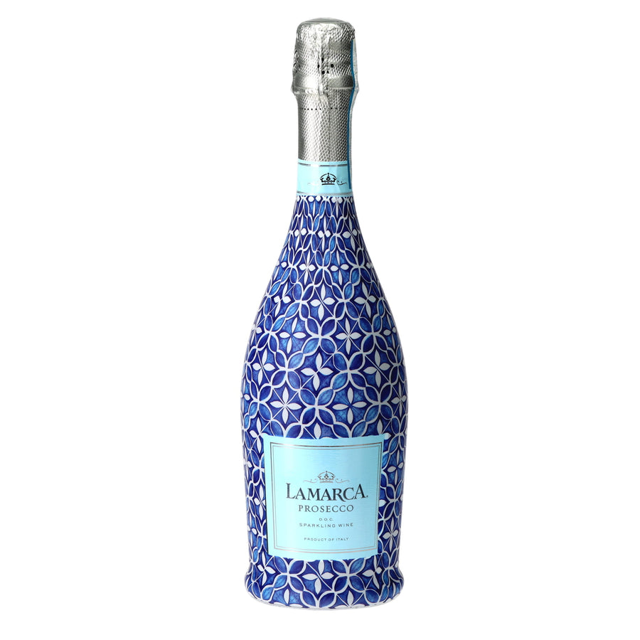 Andalusian Tile Prosecco Bottle Wrap bottle wrap on a La Marca prosecco bottle