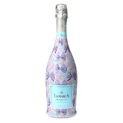 Lavender Lace Bows Prosecco Bottle Wrap bottle wrap on a La Marca prosecco bottle