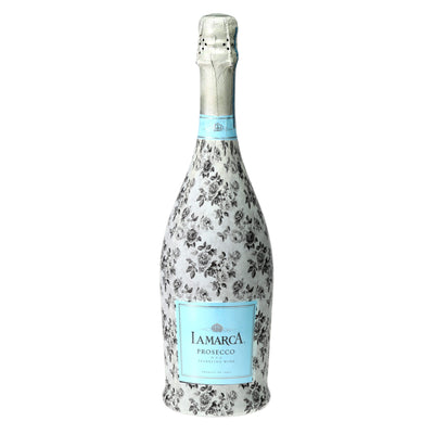 Black & White Floral Prosecco Bottle Wrap bottle wrap on a La Marca prosecco bottle