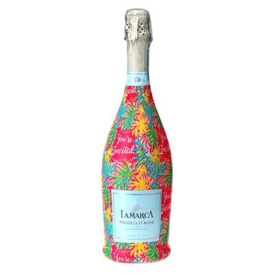 Cordial Invitation Prosecco Bottle Wrap bottle wrap on a La Marca prosecco bottle