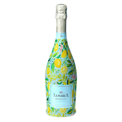 Preppy Lemons Prosecco Bottle Wrap bottle wrap on a La Marca prosecco bottle
