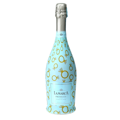 Blue Engagement Ring Prosecco Bottle Wrap bottle wrap on a La Marca prosecco bottle