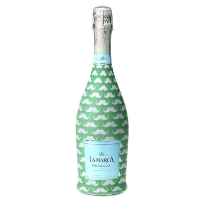 Mustaches Prosecco Bottle Wrap bottle wrap on a La Marca prosecco bottle