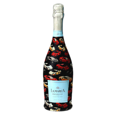 Vroom Vroom Prosecco Bottle Wrap bottle wrap on a La Marca prosecco bottle