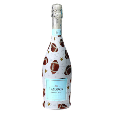 Football Prosecco Bottle Wrap bottle wrap on a La Marca prosecco bottle