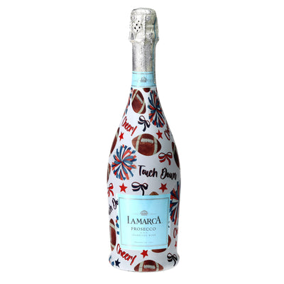 Red & Navy Game Day Prosecco Bottle Wrap bottle wrap on a La Marca prosecco bottle