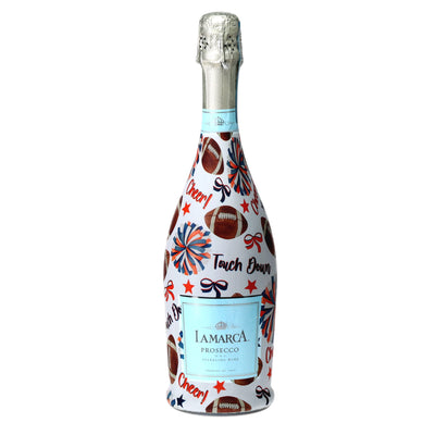 Navy & Orange Game Day Prosecco Bottle Wrap bottle wrap on a La Marca prosecco bottle