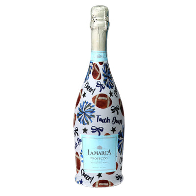 Royal Blue & White Game Day Prosecco Bottle Wrap bottle wrap on a La Marca prosecco bottle