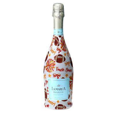 Red & Yellow Game Day Prosecco Bottle Wrap bottle wrap on a La Marca prosecco bottle