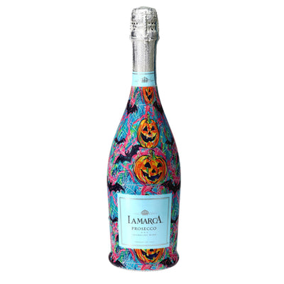 Preppy Halloween Bats Prosecco Bottle Wrap bottle wrap on a La Marca prosecco bottle