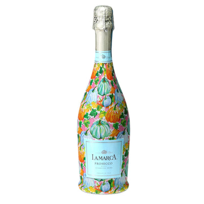 Orange & Blue Pumpkins Prosecco Bottle Wrap bottle wrap on a La Marca prosecco bottle