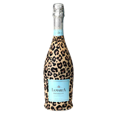 Tan Leopard Prosecco Bottle Wrap bottle wrap on a La Marca prosecco bottle