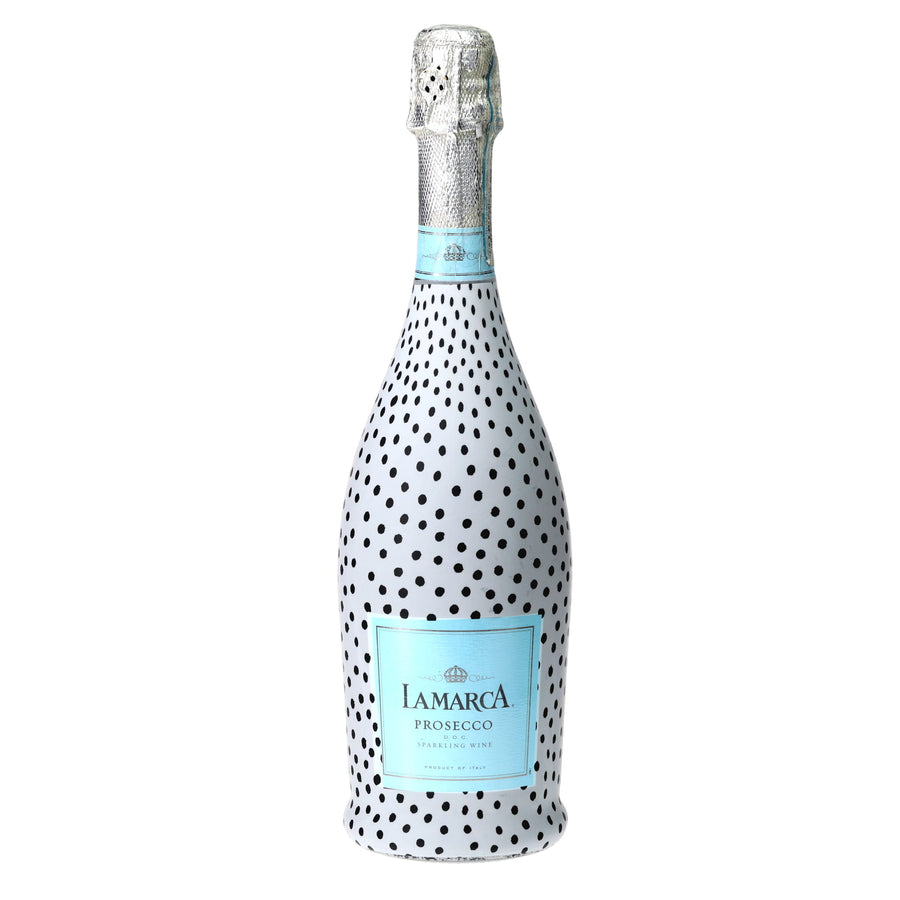 Black & White Dots Prosecco Bottle Wrap bottle wrap on a La Marca prosecco bottle