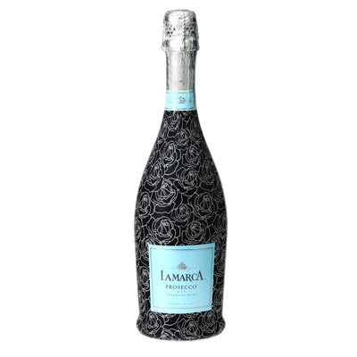 Black & White Roses Prosecco Bottle Wrap bottle wrap on a La Marca prosecco bottle