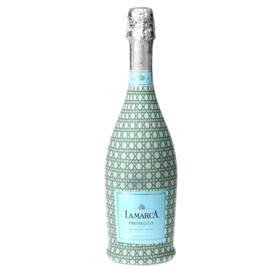 Sage & White Cane Prosecco Bottle Wrap bottle wrap on a La Marca prosecco bottle