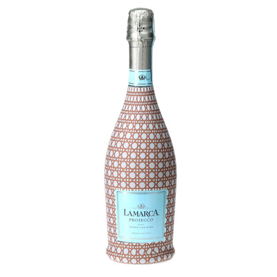 Brown & White Cane Prosecco Bottle Wrap bottle wrap on a La Marca prosecco bottle