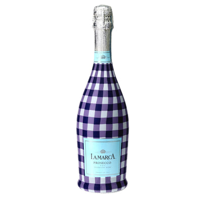 Purple & White Gingham Prosecco Bottle Wrap bottle wrap on a La Marca prosecco bottle