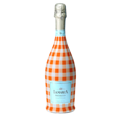 Orange & White Gingham Prosecco Bottle Wrap bottle wrap on a La Marca prosecco bottle