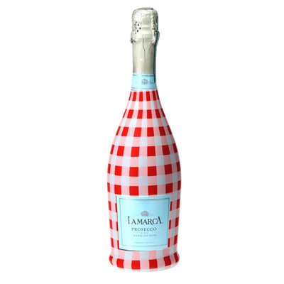 Red & White Gingham Prosecco Bottle Wrap bottle wrap on a La Marca prosecco bottle