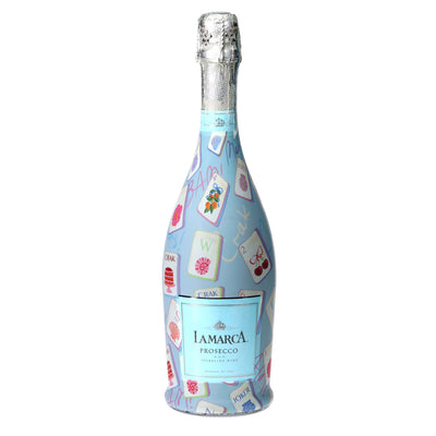Pastel Blue Mahjong Prosecco Bottle Wrap bottle wrap on a La Marca prosecco bottle