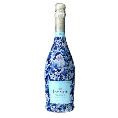 Blue & White Santa Prosecco Bottle Wrap bottle wrap on a La Marca prosecco bottle