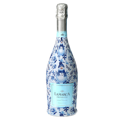 Blue & White Snowman Prosecco Bottle Wrap bottle wrap on a La Marca prosecco bottle