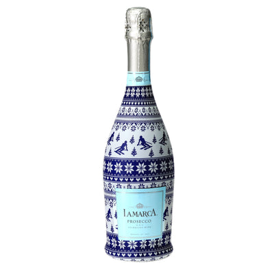Blue & White Knitted Ski Prosecco Bottle Wrap bottle wrap on a La Marca prosecco bottle