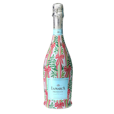 Bows of Joy Prosecco Bottle Wrap bottle wrap on a La Marca prosecco bottle