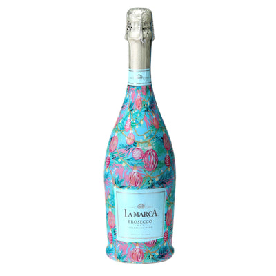 Twinkling Lights & Ornaments Prosecco Bottle Wrap bottle wrap on a La Marca prosecco bottle