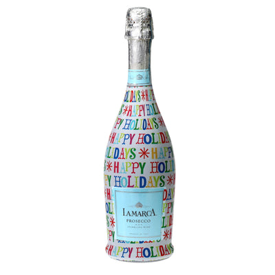 Happy Holidays Prosecco Bottle Wrap bottle wrap on a La Marca prosecco bottle