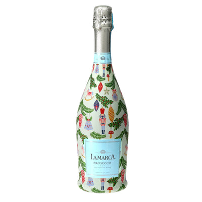 Merry Little Ornaments Prosecco Bottle Wrap bottle wrap on a La Marca prosecco bottle