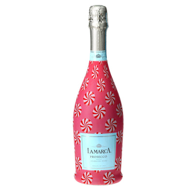 Peppermint Parade Prosecco Bottle Wrap bottle wrap on a La Marca prosecco bottle