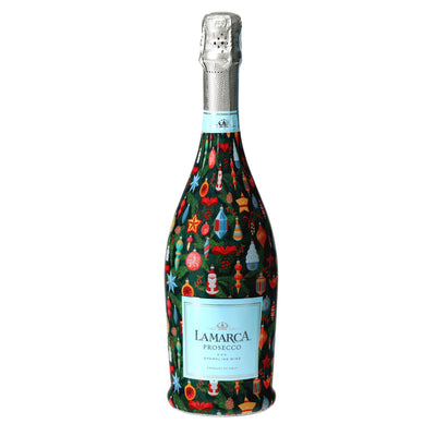 Ornament Wonderland Prosecco Bottle Wrap bottle wrap on a La Marca prosecco bottle