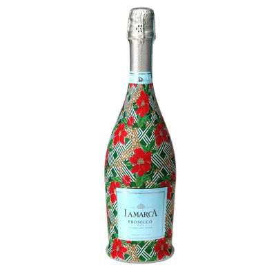 Poinsettia Trellis Prosecco Bottle Wrap bottle wrap on a La Marca prosecco bottle