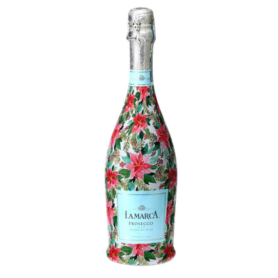 Holiday Bloom Prosecco Bottle Wrap bottle wrap on a La Marca prosecco bottle