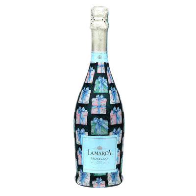 The Gift of Christmas Prosecco Bottle Wrap bottle wrap on a La Marca prosecco bottle