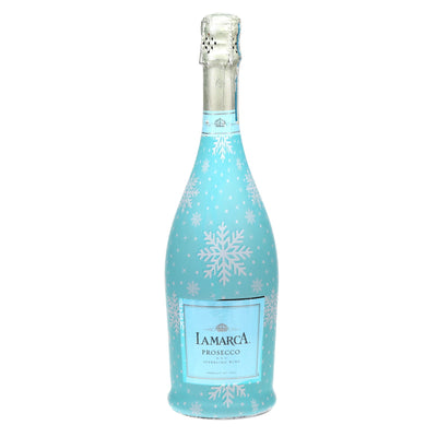 Snowflakes Prosecco Bottle Wrap bottle wrap on a La Marca prosecco bottle