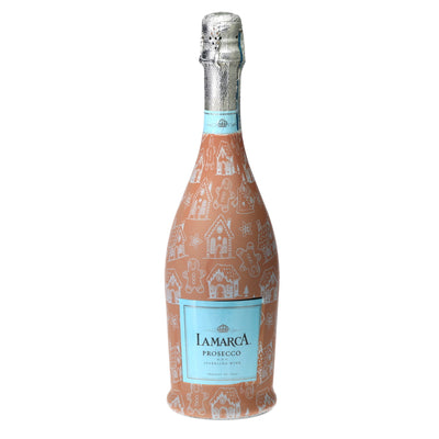 Gingerbread Village Prosecco Bottle Wrap bottle wrap on a La Marca prosecco bottle