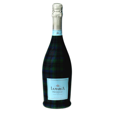 Blue & Green Christmas Tartan Prosecco Bottle Wrap bottle wrap on a La Marca prosecco bottle