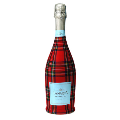 Red & Green Christmas Tartan Prosecco Bottle Wrap bottle wrap on a La Marca prosecco bottle