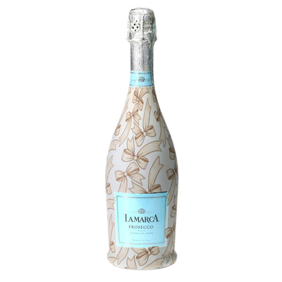 Beige Bows Prosecco Bottle Wrap bottle wrap on a La Marca prosecco bottle