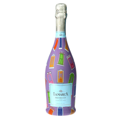 Notting Hill Doors Prosecco Bottle Wrap bottle wrap on a La Marca prosecco bottle