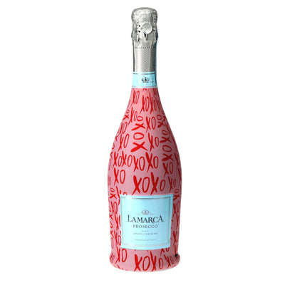 Limited Edition XOXO Prosecco Bottle Wrap bottle wrap on a La Marca prosecco bottle